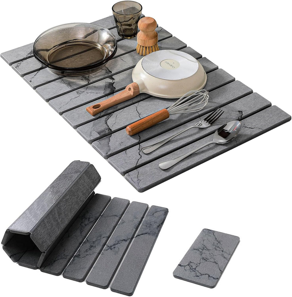 2 PCS Large Stone Dish Drying Mat for Kitchen Counter, , Marbled Water Absorbing Diatomaceous Earth Drying Pad for Countertop Bottles Utensils Cups 24"x16"& 8"x4"