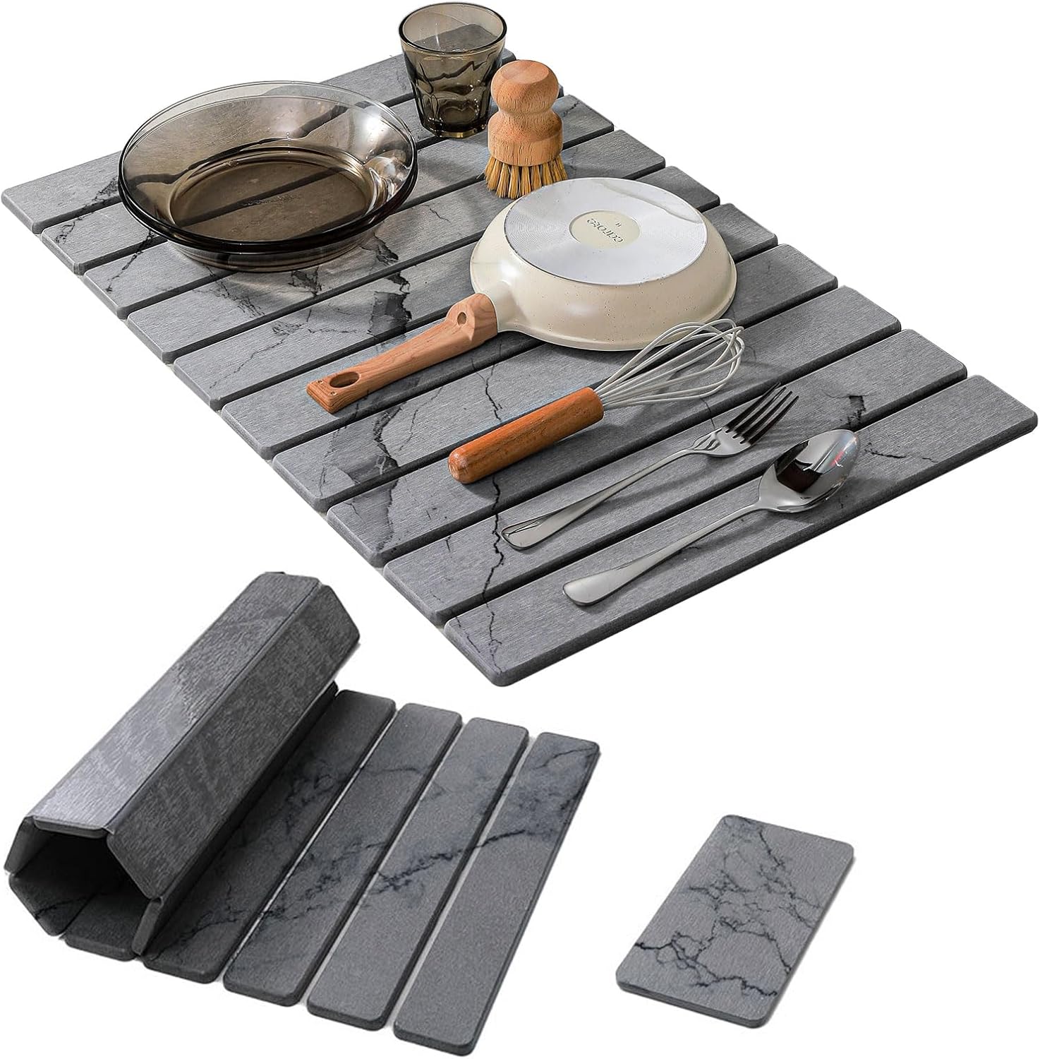 2 PCS Large Stone Dish Drying Mat for Kitchen Counter, , Marbled Water Absorbing Diatomaceous Earth Drying Pad for Countertop Bottles Utensils Cups 24"x16"& 8"x4"