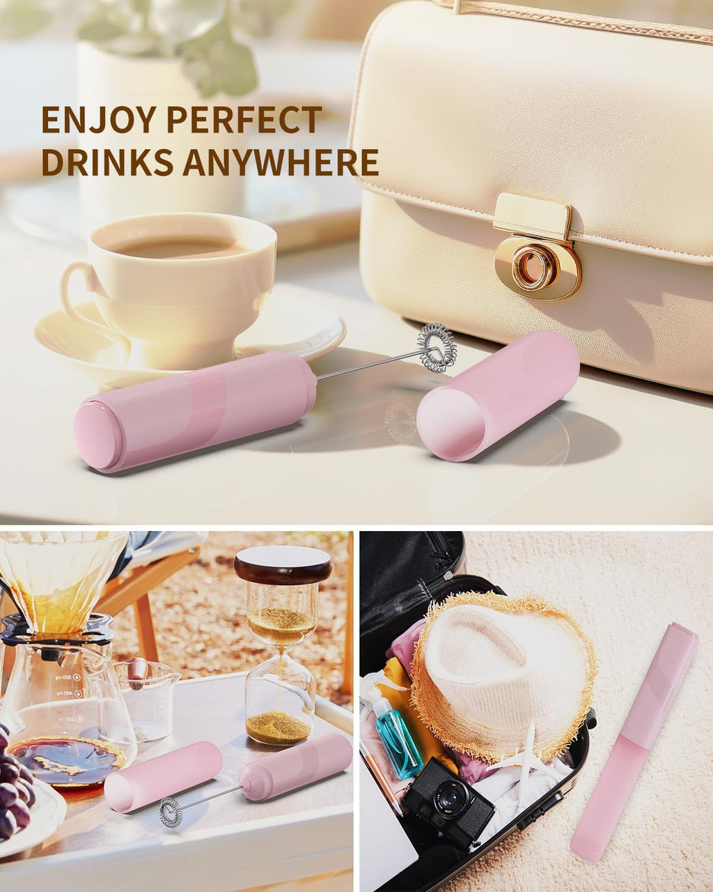 CIRCLE JOY Portable Milk Frother Hanheld, Battery Operated Electric Coffee Frother Wand Drink Mixer for Matcha Lattes Cappuccino, Kitchen Gifts, Pink