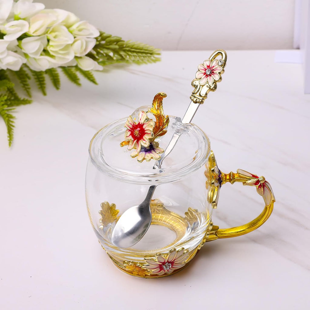 ANLUNOB Preserved Flower Rose in Angle Tea Coffee Mug with Spoon Artisan Enamel Glass Tea Cup Elegant Floral Design Birthday Anniversary Mother Day Valentines Gifts for women mom grandma friends