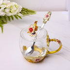ANLUNOB Preserved Flower Rose in Angle Tea Coffee Mug with Spoon Artisan Enamel Glass Tea Cup Elegant Floral Design Birthday Anniversary Mother Day Valentines Gifts for women mom grandma friends