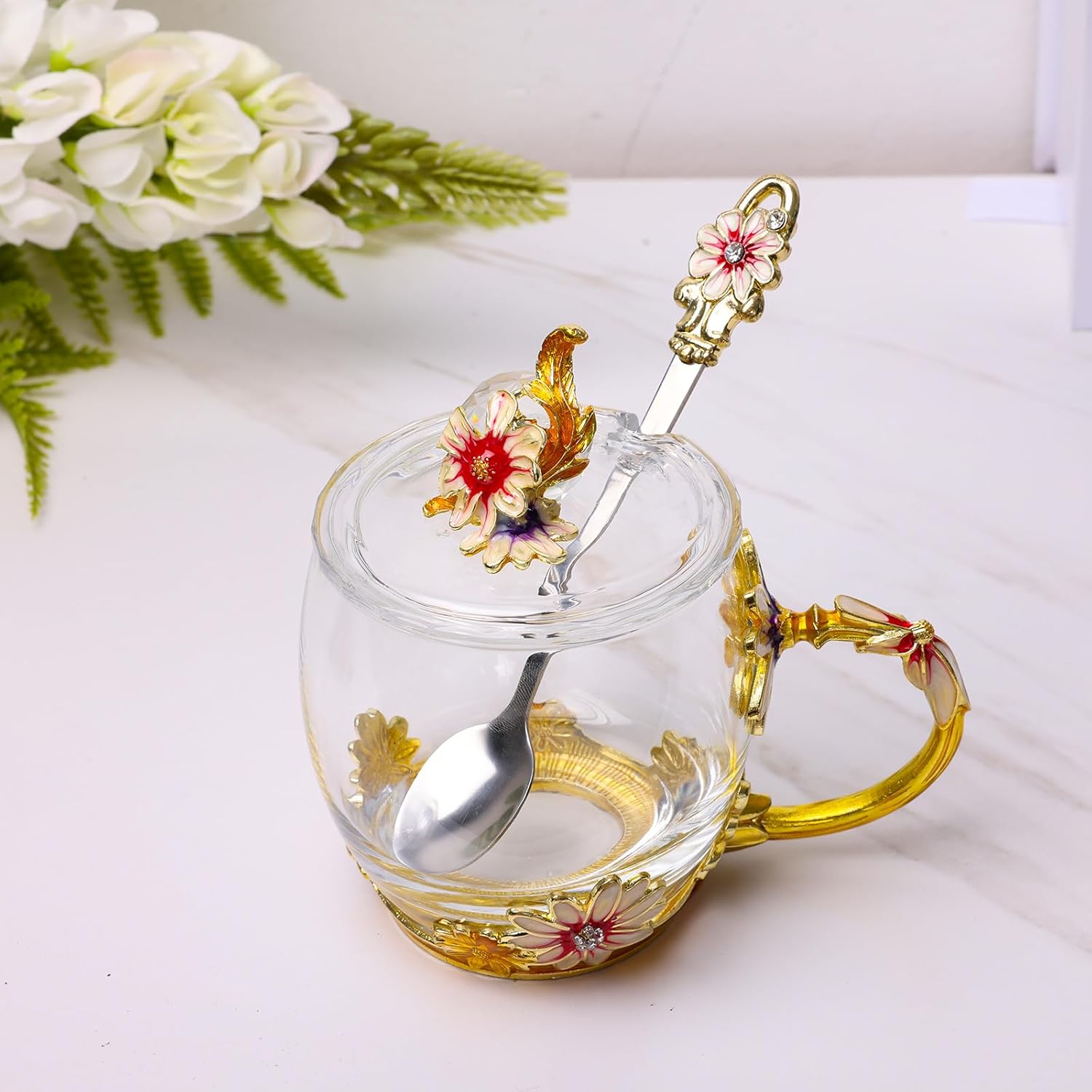 ANLUNOB Preserved Flower Rose in Angle Tea Coffee Mug with Spoon Artisan Enamel Glass Tea Cup Elegant Floral Design Birthday Anniversary Mother Day Valentines Gifts for women mom grandma friends