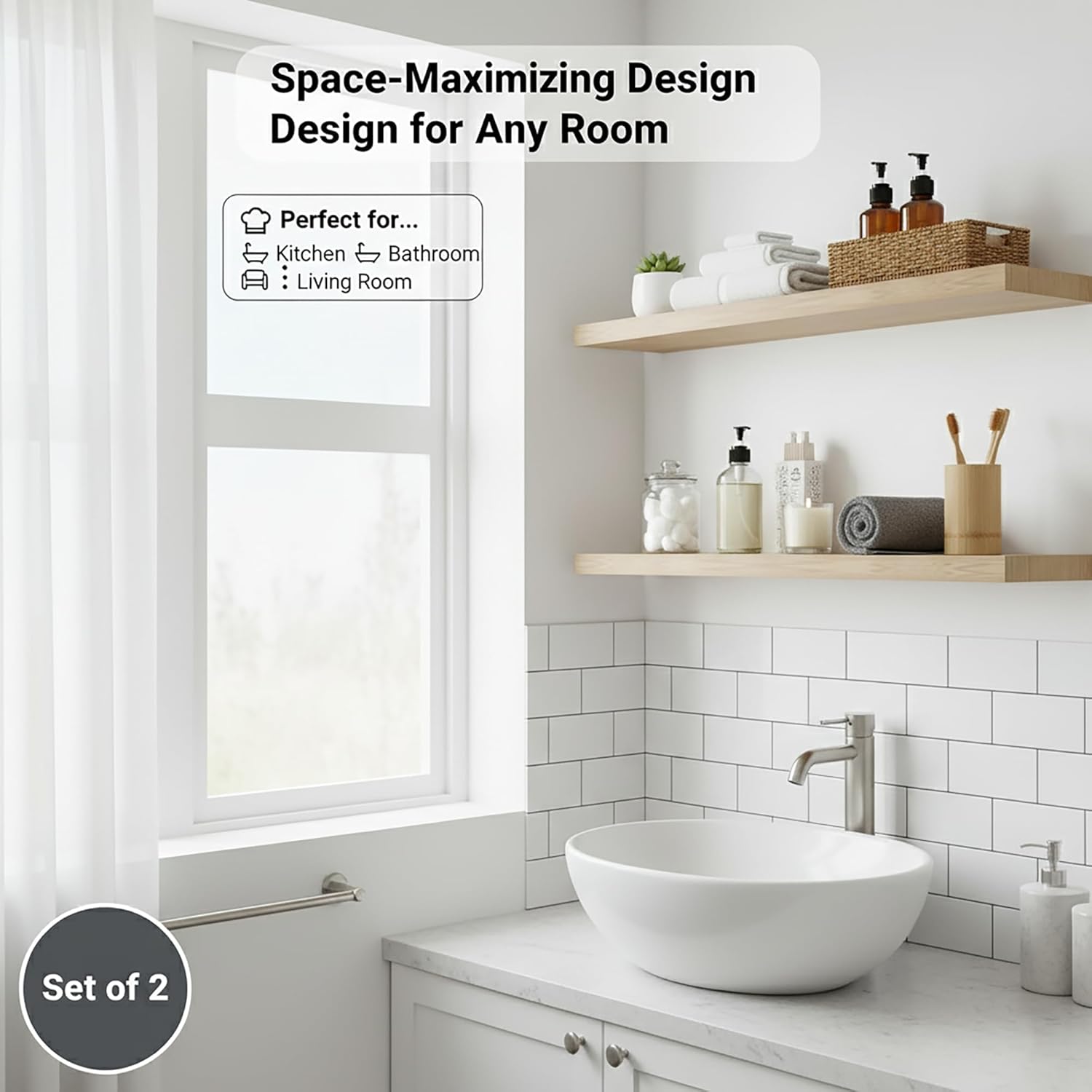 Lufia Floating Wall Shelves, Set of 2, MDF with Invisible Brackets, Modern Storage for Bedroom, Bathroom, Living Room, Kitchen (Oak, 32" W X 7" D X 1.5" H)