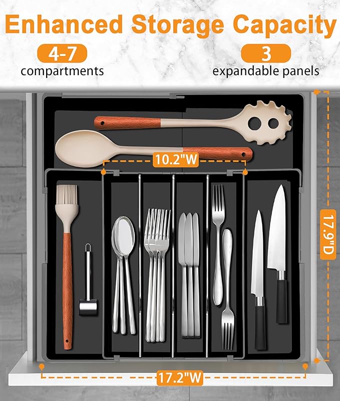 Homecor Silverware Organizer - Expandable Kitchen Drawer Organizer, 3" High Utensil Holder, BPA Free Flatware and Cutlery Tray for Spoons Forks Knives, Plastic Kitchen Organizer and Storage, Black