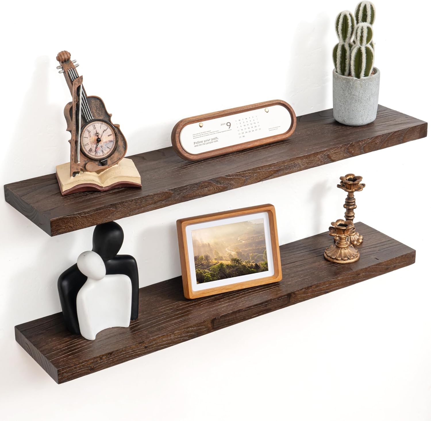 Floating Shelves for Wall Decor, 8 Inch Deep Rustic Solid Elm Wood Floating Shelves Wall Mounted, Wall Shelves with Invisible Bracket for Living Room Bathroom Bedroom Kitchen, 36 Inch Set of 2, Walnut