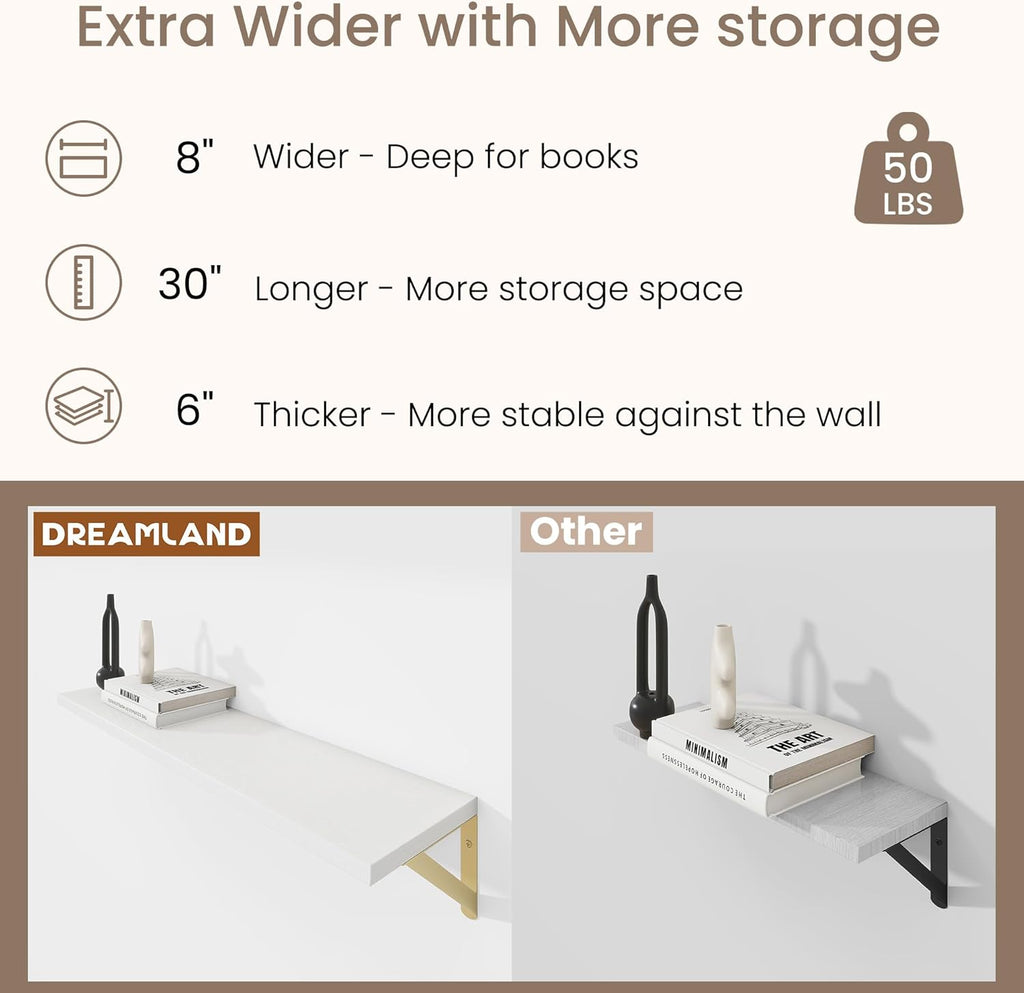 Dreamland Deep Floating Shelves for Wall, 30W x 8D Wall Shelves, Set of 2, 30 inch Floating Shelf with Sturdy Metal Brackets for Living Room, Bathroom, Bedroom and Kitchen, White with Gold Brackets