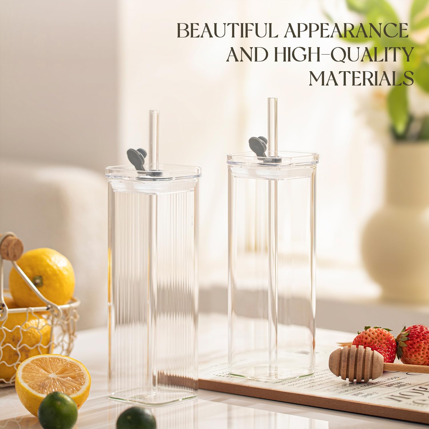 KEMORELA 6 Sets Glass Cups with Lids & Straws, Square Ribbed Drinking Glasses with Lids, Clear Highball Tumblers for Cocktail, Coffee, Juice, Beer, Modern Mixed Drinkware Jars