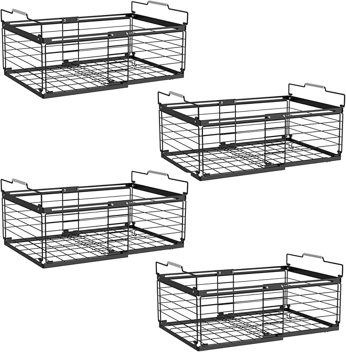 NADAMOO Freezer Organizer Bins, 4 Packs Large Expandable Stackable Chest Freezer Containers with Handle, Metal Adjustable Storage Baskets for Fridge, Deep Freezer, Cabinet, Kitchen, Pantry - Black