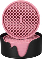 ME.FAN Silicone Coasters [6 Pack] Thickened Drink Coasters with Holder - Cup Mat - Non-Slip, Non-stick, Stay Put, Deep Tray - Prevents Furniture and Tabletop Damages(Pink)
