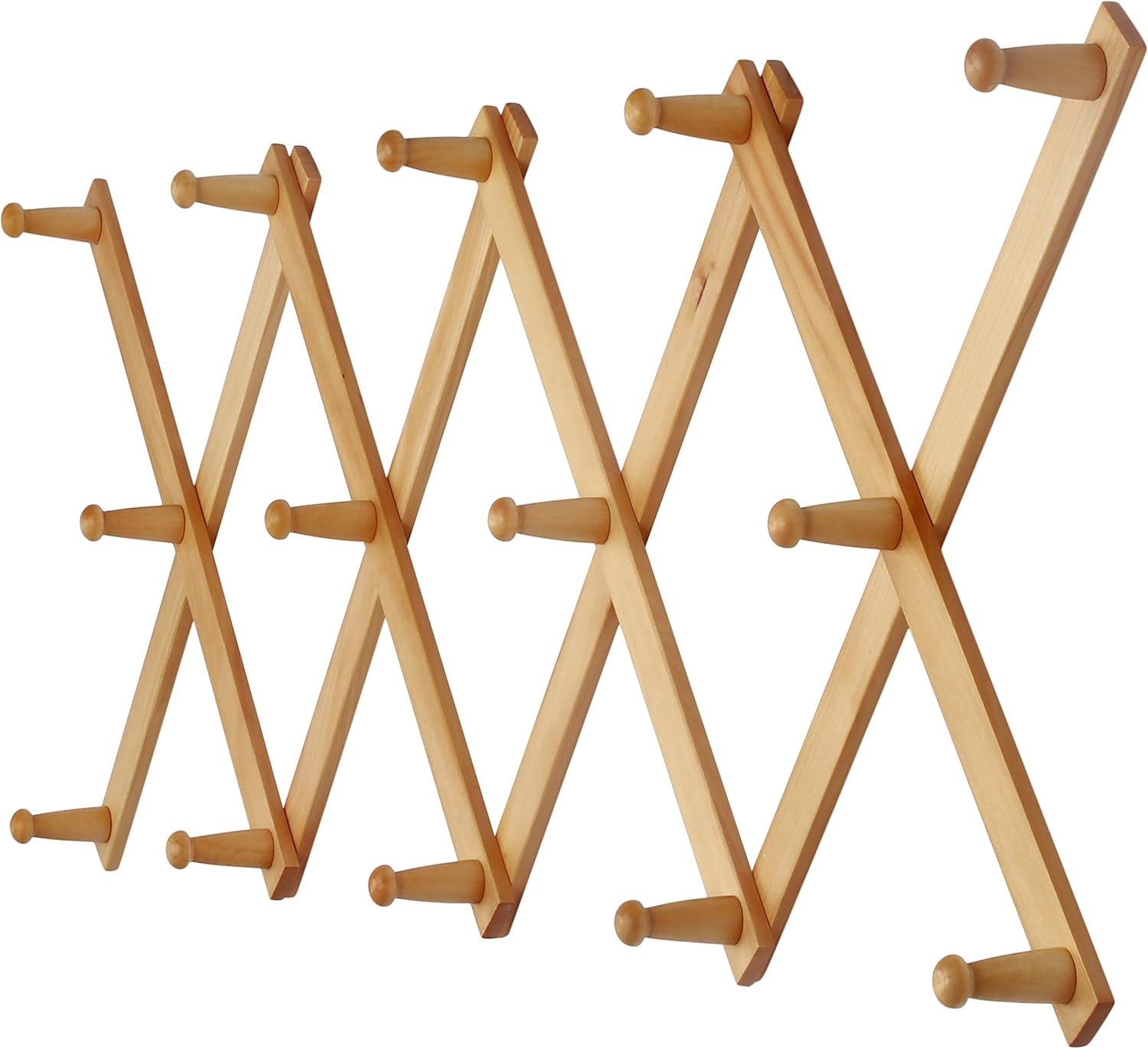 Dseap Accordian Wall Hanger: 16” High Wooden Wall Expandable Coat Rack, Hat Rack Holder, Accordion Hook for Baseball Caps, Coats, Mugs, 14 Peg Hooks, Natural