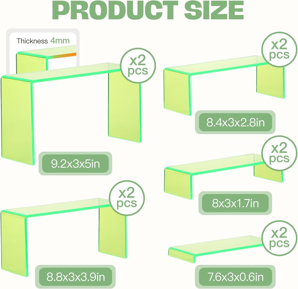 Goabroa Acrylic Display Risers, 2 Sets 10 Pcs Perfume Stand Organizer, Rectangular Acrylic Display Shelves for Figures, Cupcake, perfume, Wine Glass and Handbag, Transparent Green