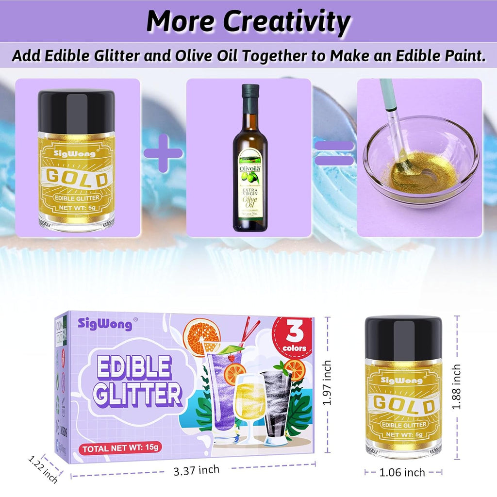 Edible Glitter Set, 3 Colors Luster Dust Edible Glitter, Food Grade Metallic Food Decorating Sprinkle Dust for Drinks Wine, Powder Glitter for Fondant, Chocolate, Candy, Cookie, 5g/0.18oz, Vegan