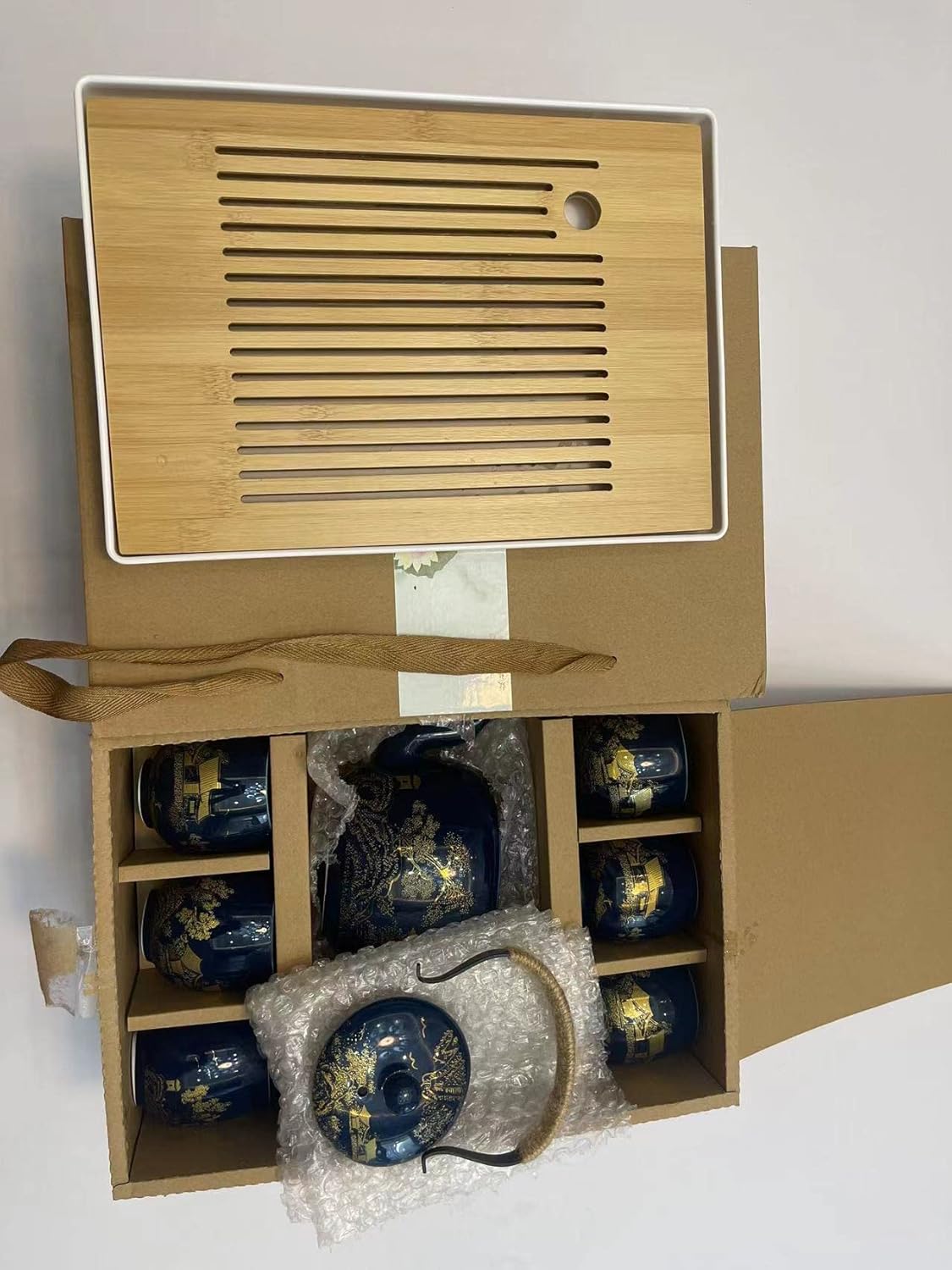 Japanese Tea Set, Black Glazed Tea Set in Gift Box With 1 Teapot, 1 Tea Strainer, 1 Tea Tray and 6 Tea Cups. Ideal Tea Set for Office Home, Asian Tea Sets for Tea Lovers(Country Blue)