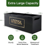 Utensil Holder Extra Large Utensil Organizer with 4 Compartments, Wooden Rustic Utensil Crocks for Kitchen Counter, Farmhouse Cooking Utensil Caddy Countertop Spatula Silverware Spoon Holder - Black