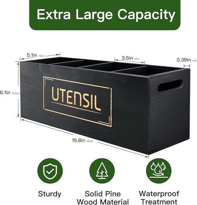 Utensil Holder Extra Large Utensil Organizer with 4 Compartments, Wooden Rustic Utensil Crocks for Kitchen Counter, Farmhouse Cooking Utensil Caddy Countertop Spatula Silverware Spoon Holder - Black