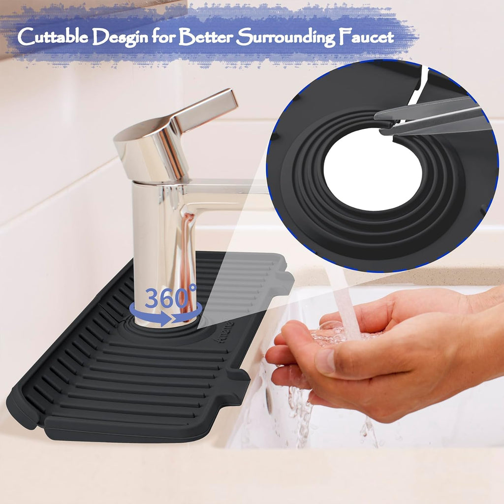 Kitchen Sink Splash Guard, 10° Large Slope & Adaptable Hole Faucet Mat for Kitchen Sink, Silicone Sink Organizer Sponge Holder for Kitchen, Bathroom, RV, Bar, 14.2” x 5.1”, Black