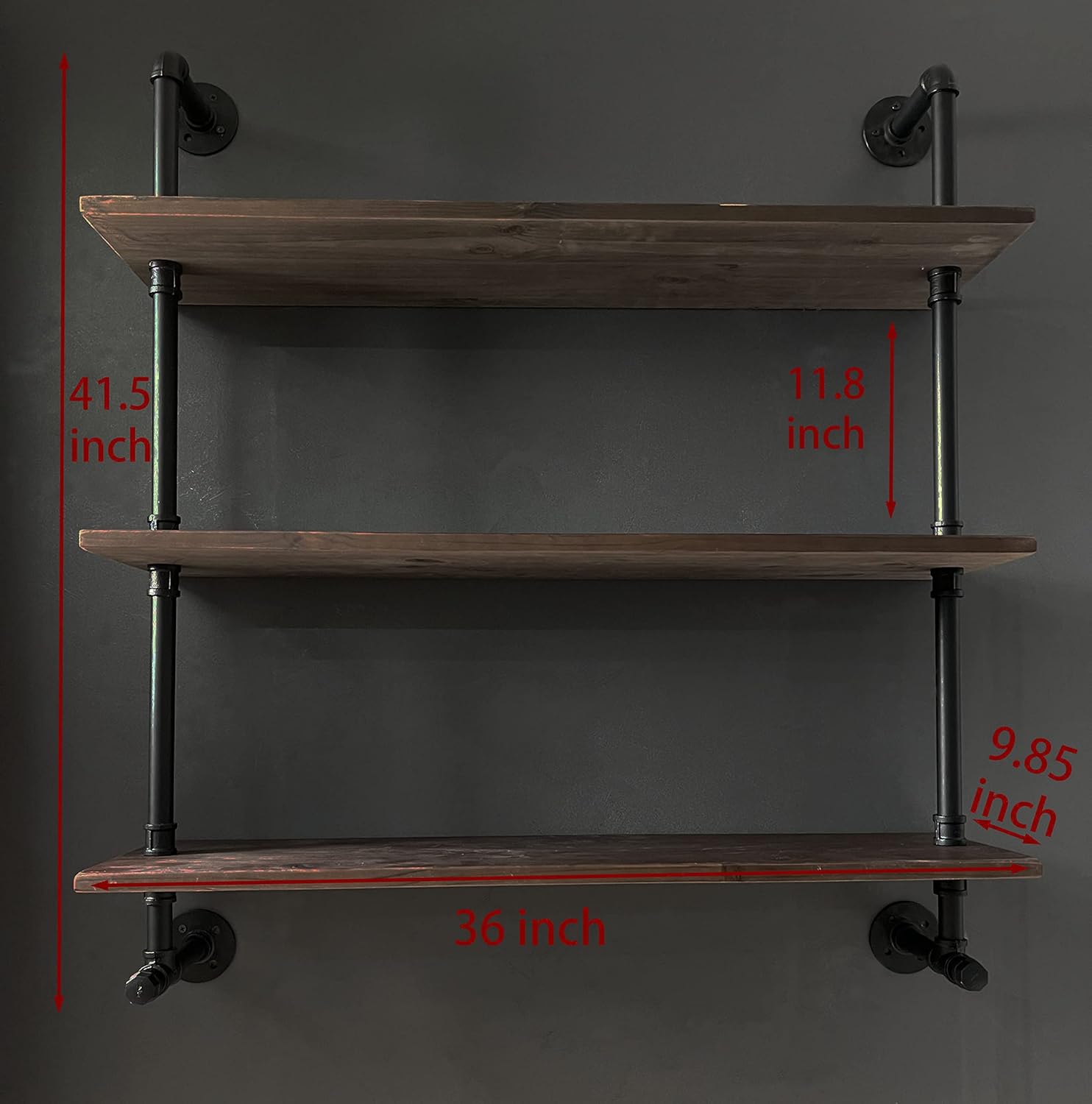 Industrial Pipe Wall Shelves with Real Wood Plank ,36 Inches Floating Shelves for Wall Farmhouse Book Shelves Dark Brown 3 Tier for Kitchen,Living Room Decor and Bar Shelving