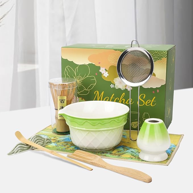 8PCS Matcha Whisk Set, Ceramic Matcha Kit Set, Japanese Tea Ceremony Tools with Matcha Bowl, Bamboo Whisk, Holder, Sifter, Spoon, Tea Cloth, Scoop and Scoop Rest (Relief Green and White)