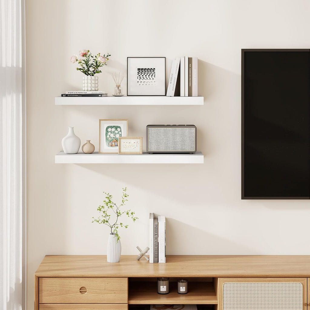 Fun Memories Rustic Floating Shelves for Home Decor, 8 Inch Deep Floating Shelf, Solid Wood Floating Wall Shelves 30 Inch Long, Deep Wall Shelves for Bathroom, Living Room, White Finsh, Set of 2