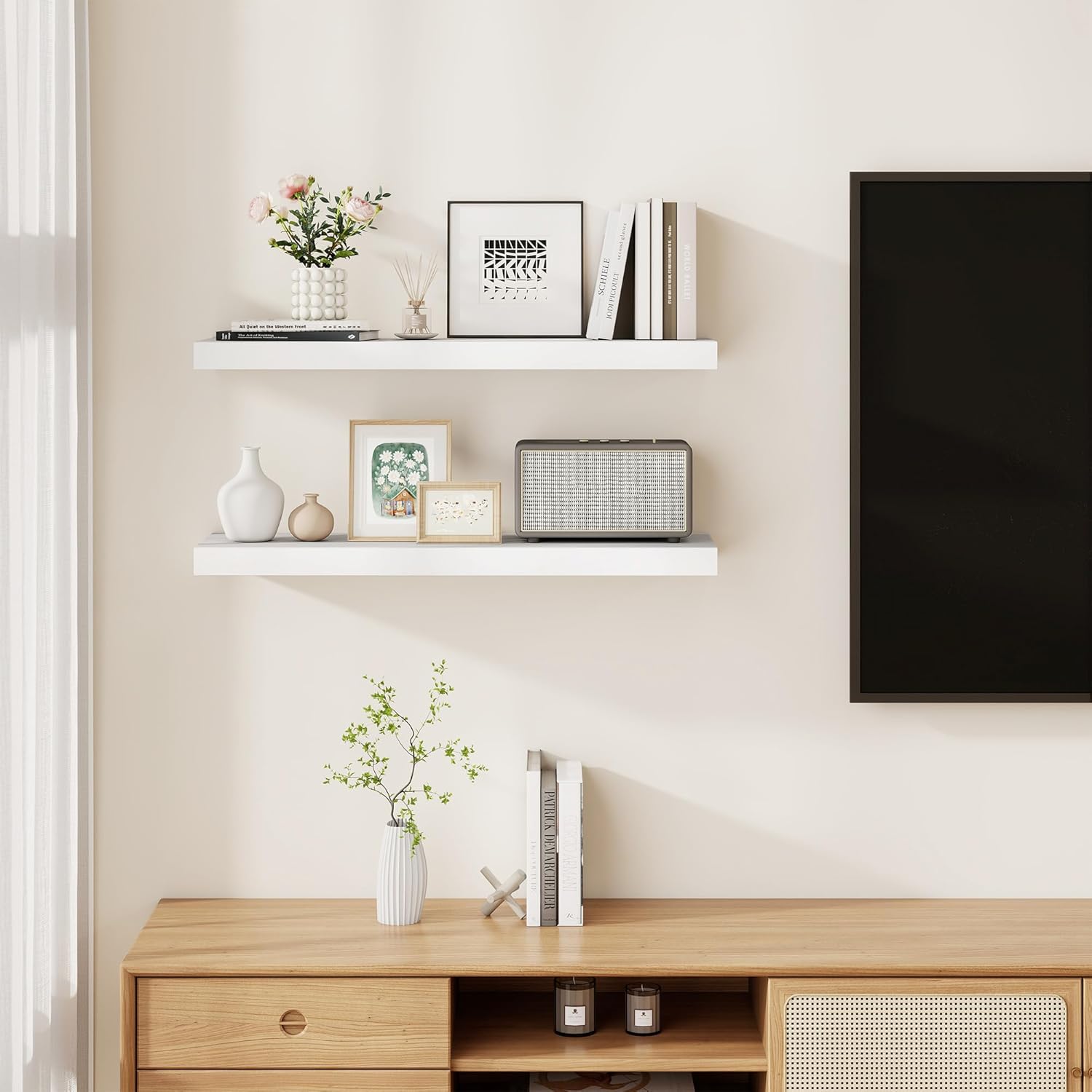 Fun Memories Rustic Floating Shelves for Home Decor, 8 Inch Deep Floating Shelf, Solid Wood Floating Wall Shelves 30 Inch Long, Deep Wall Shelves for Bathroom, Living Room, White Finsh, Set of 2