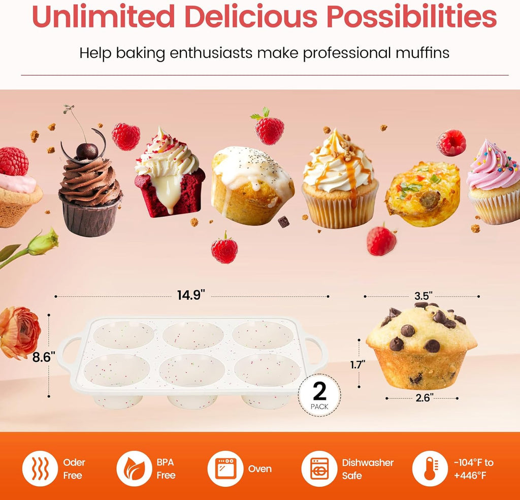 Silicone Jumbo Muffin Pan with Metal Frame, Non Stick Food Grade Silicone Large Muffin Pan Set of 2, with Handles 6 Cup,BPA-Free and Dishwasher Safe, Jumbo Cupcake Pans