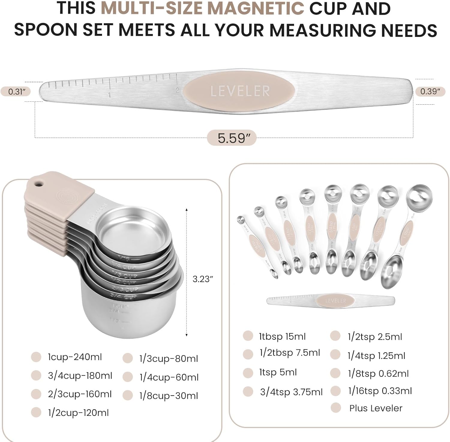 Magnetic Measuring Cups and Spoons Set-Heavy Duty 304 Stainless Steel，Double Measurement Markings，Set of 16 with Leveler for Measure Dry and Liquid Ingredients (khaki)