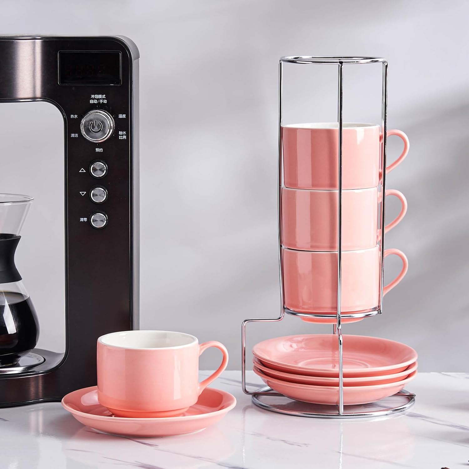 8 Ounce Porcelain Cappuccino Cups with Saucers and Silver Stand, Pink Cups Set of 4