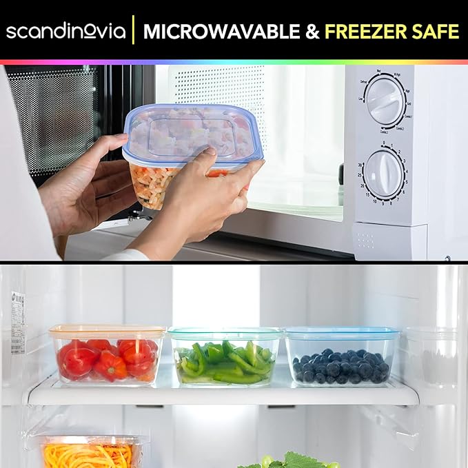 SCANDINOVIA - 25 oz Food Storage Containers with Lids - 24 sets - Dry & Hot Plastic Meal Prep - BPA Free Bento Box - Dishwasher, Microwave and Freezer Safe Stackable Clear Rectangle Bowls