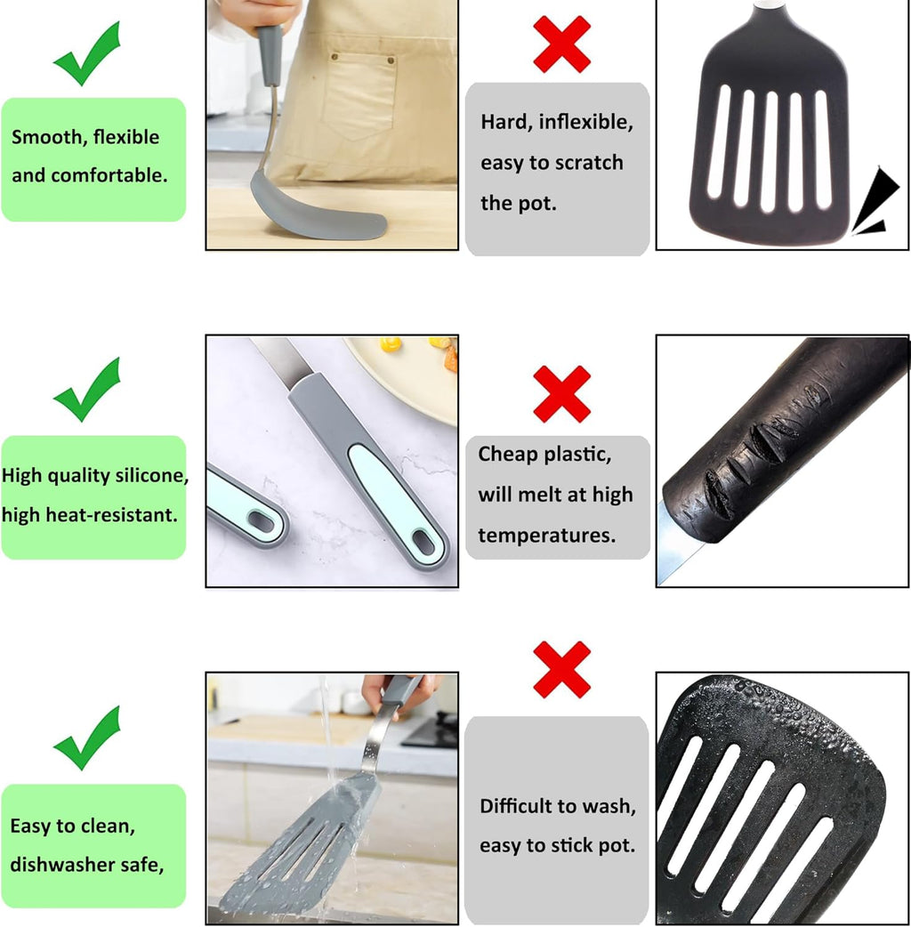 To encounter 3 Pieces Silicone Spatula Set, Heat Resistant Flexible Turner Spatulas, Nonstick Cookie Spatula, Fish Spatula, Dishwasher Safe, Light Grey