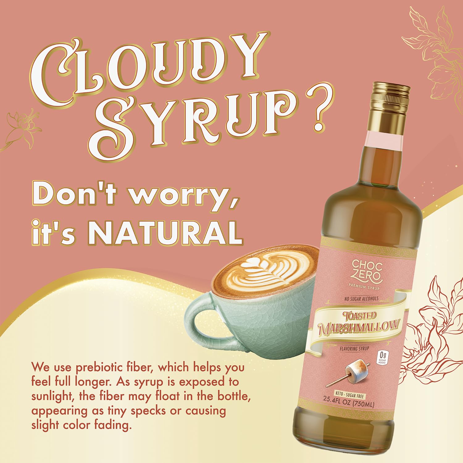 ChocZero Sugar Free Coffee Syrup, Toasted Marshmallow Flavor, No Sugar Alcohol Simple Syrup Drink Mix, Campfire Mochas, Protein Shakes & Baking, All Natural, 25.4 Ounces (Pack of 1)