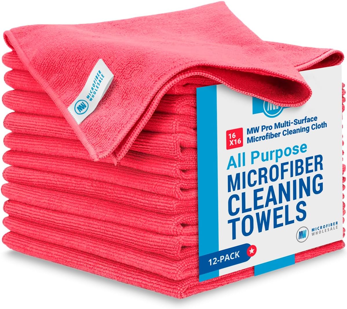MW Pro Microfiber Cleaning Cloth | Red (12 Pack) | Size 16" x 16" | All Purpose Microfiber Towels - Clean, Dust, Polish, Scrub, Absorbent