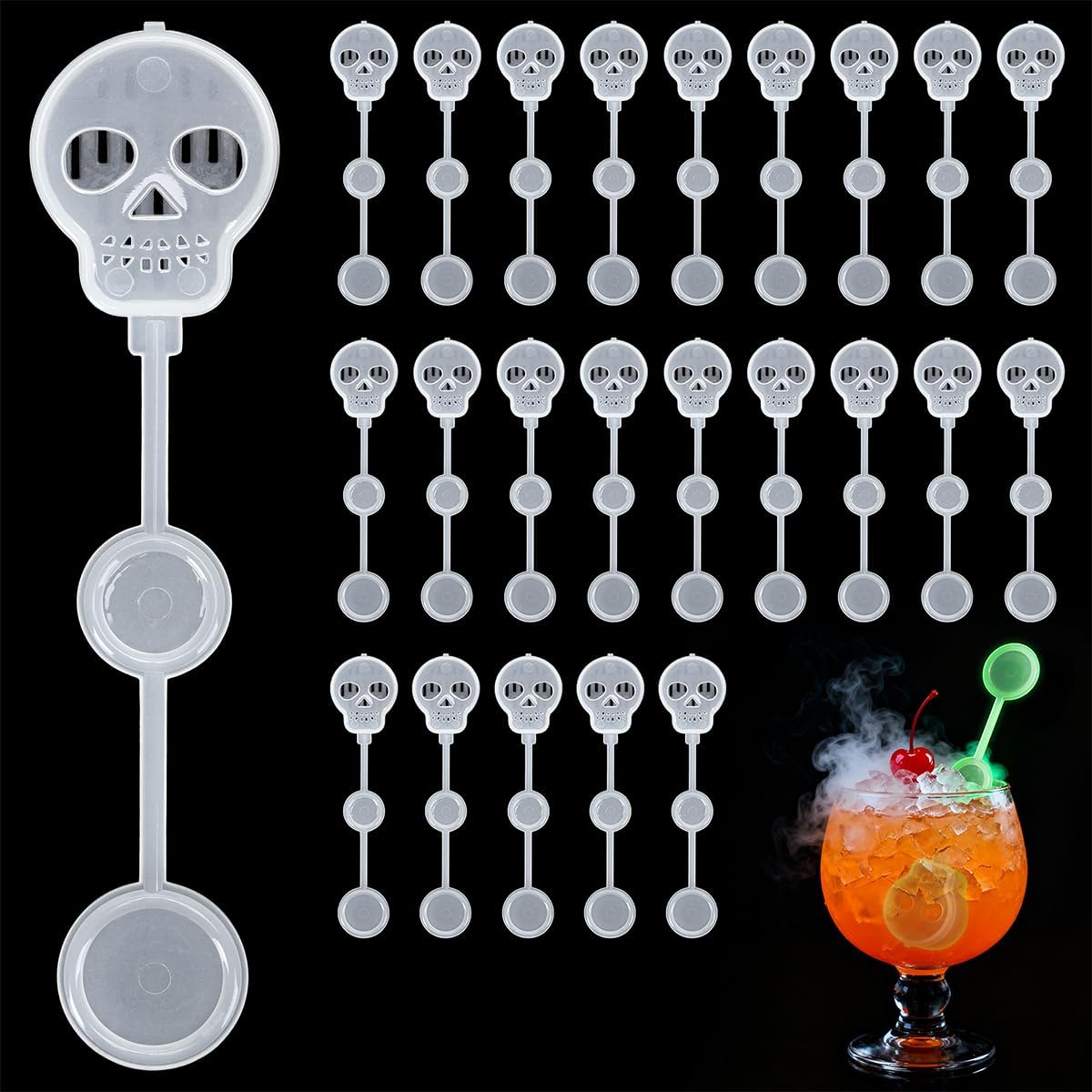 25 Pcs Halloween Dry Ice Swizzle Sticks, Clear Skull-Shape Plastic Stir Sticks Glow in Dark Bar Cocktail Beverage Drink Stirrers for Smokey Drinks Coffee Home Party Decoration