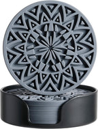 Set of 6 Dark Gray Silicone Coasters with Holder, Drink Coasters with Tribal Pattern Shape- for Table Protection, Anti Slip, Nonstick, Heat Resistant, Deep Tray