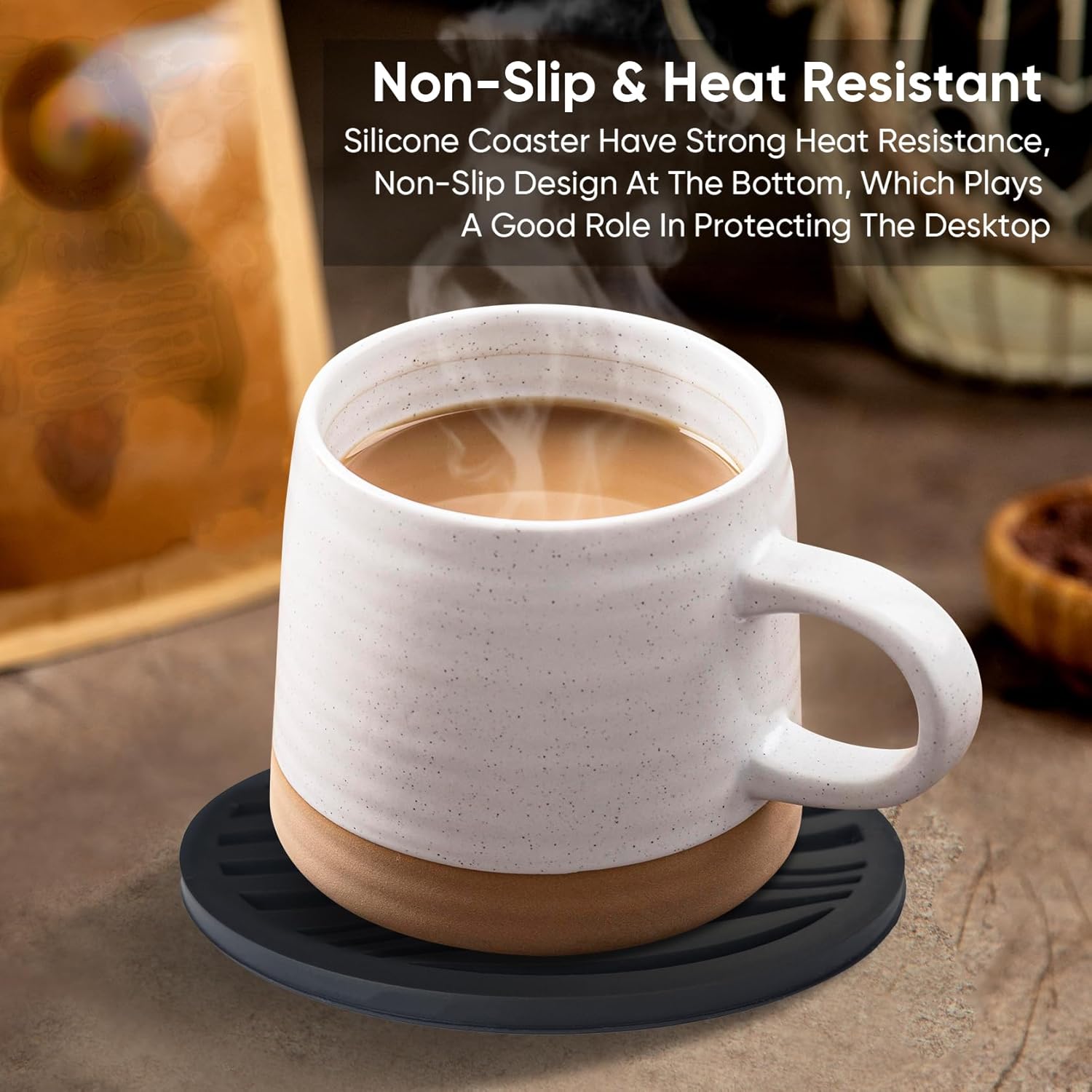 6 Pack Rubber Drink Coasters,Coasters for Drink with Holder,Silicone Cup Mat Non-Stick,Non-Slip,Thickened Live for Hot or Cold Drink-Pure Black