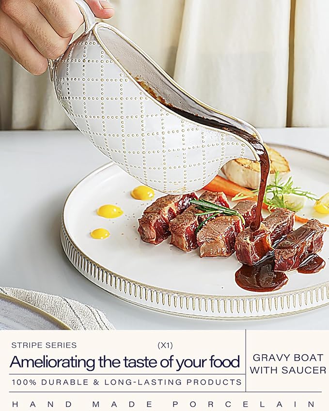 Getstar Gravy Boat with Saucer, Cranberry Sauce Dish Thanksgiving, Ceramic Gravy Dish Bowl, Microwave & Dishwasher Safe (Embossed Checks)