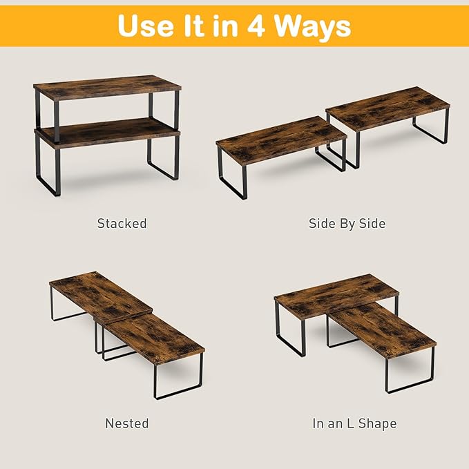 Cabinet Shelf Organizers, 15.7 inches Large Kitchen Counter Shelf, Set of 2 Wood Kitchen Pantry Organizer, Storage Shelves for Countertop, Spice Rack, Stackable, Expandable, Metal Black, Brown