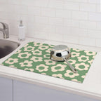 Floral Kitchen Dish Drying Mat for Dishes 18x24 Inch Vintage Groovy Flowers Drying Mat White Daisy Dish Drainer Mat Super Absorbent Dish Rack Pad for Coffee Bar Sinks(Green)