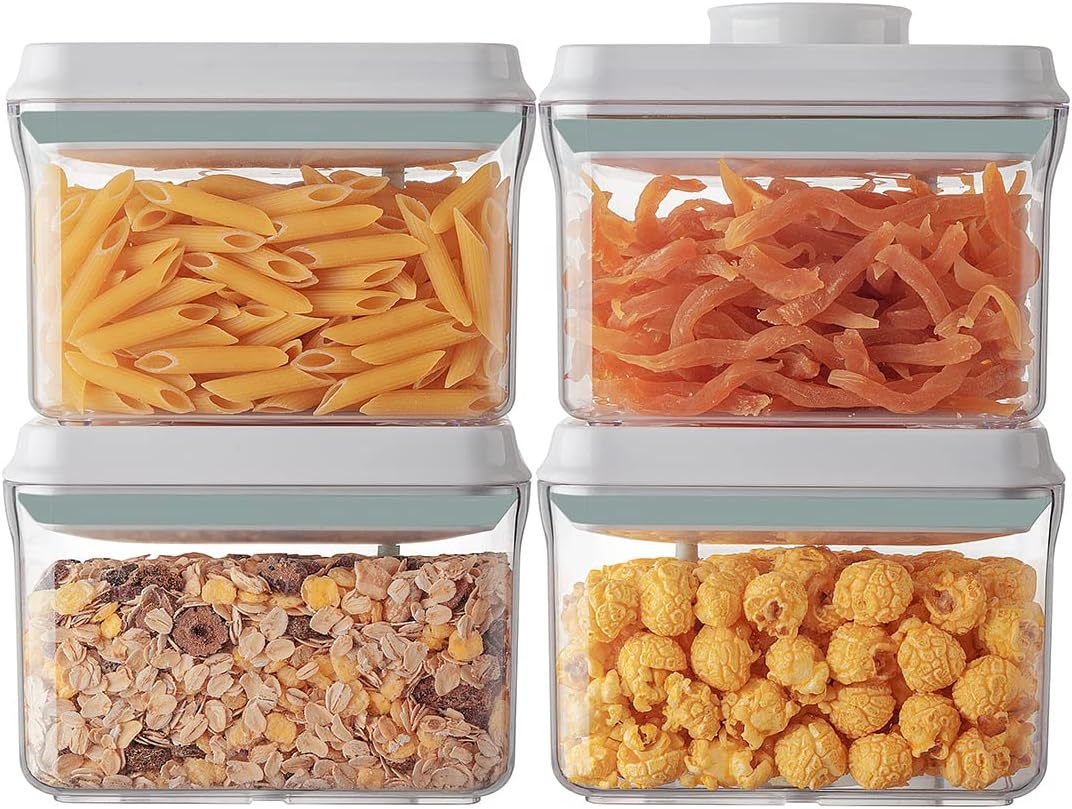 Ankou Airtight Container Set (1000ml 4 Pcs) Stackable One Press Openning Food Containers for Snacks Sugar Salt Herbs Spices Coffee Bean Formula Popcorn BPA-Free Tight Seal - Clear (1.0 QT * 4)