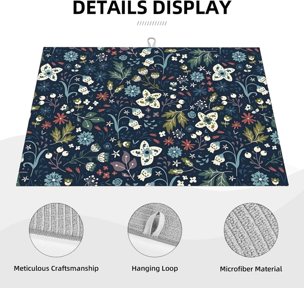 2Pcs Dish Drying Mats Faucet Mats Sets Large Size Coffee Mats Sink Faucet Mat Splash Guard for Kitchen Counter Bathroom Sink Coffee Bar Kitchen Decor (Cute Wildflowers, 18"x24" 15" x 5.5"Set)