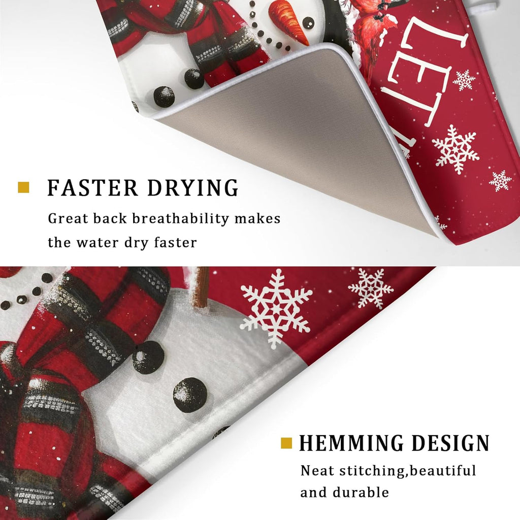 Merry Christmas Dish Drying Mat for Kitchen Counter 18x24 Inch Let It Snow Dish Draining Mat Xmas Snowflakes Decorations Fast Absorbent Tableware Cardinal Birld Dishes Pad for Coffee Bar Countertop