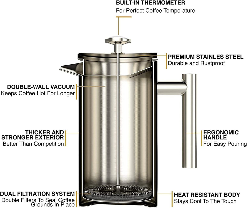 Barista Warrior French Press with Thermometer - Insulated Coffee Press - Stainless Steel Coffee Maker (1.0L, 34 fl oz, Silver)