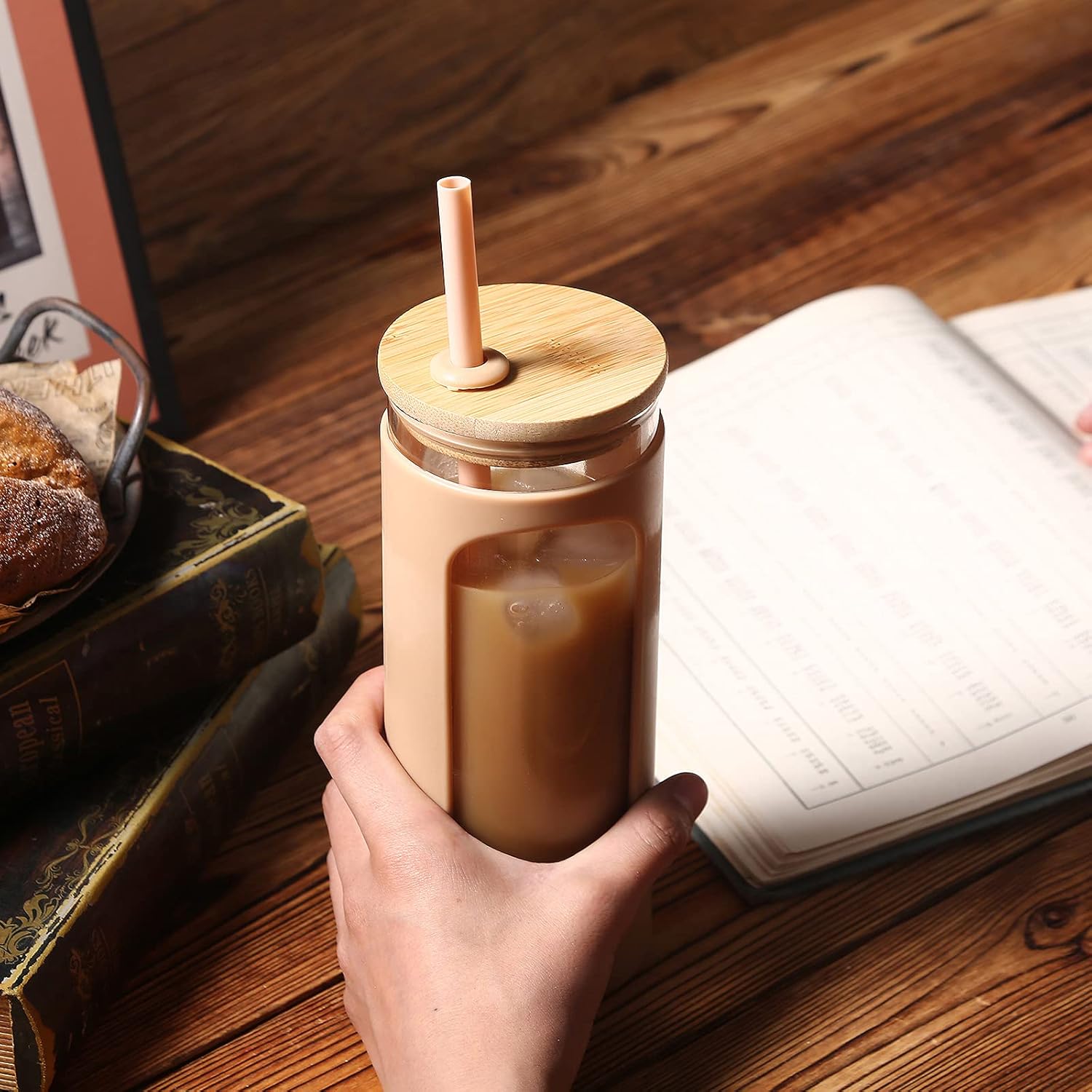 Kodrine 20oz Glass Water Tumbler with Straw and Lid, Bamboo Lids Water Bottle, Iced Coffee Cup Reusable, Wide Mouth Smoothie Cups with Protective Silicone Sleeve BPA FREE-Grey