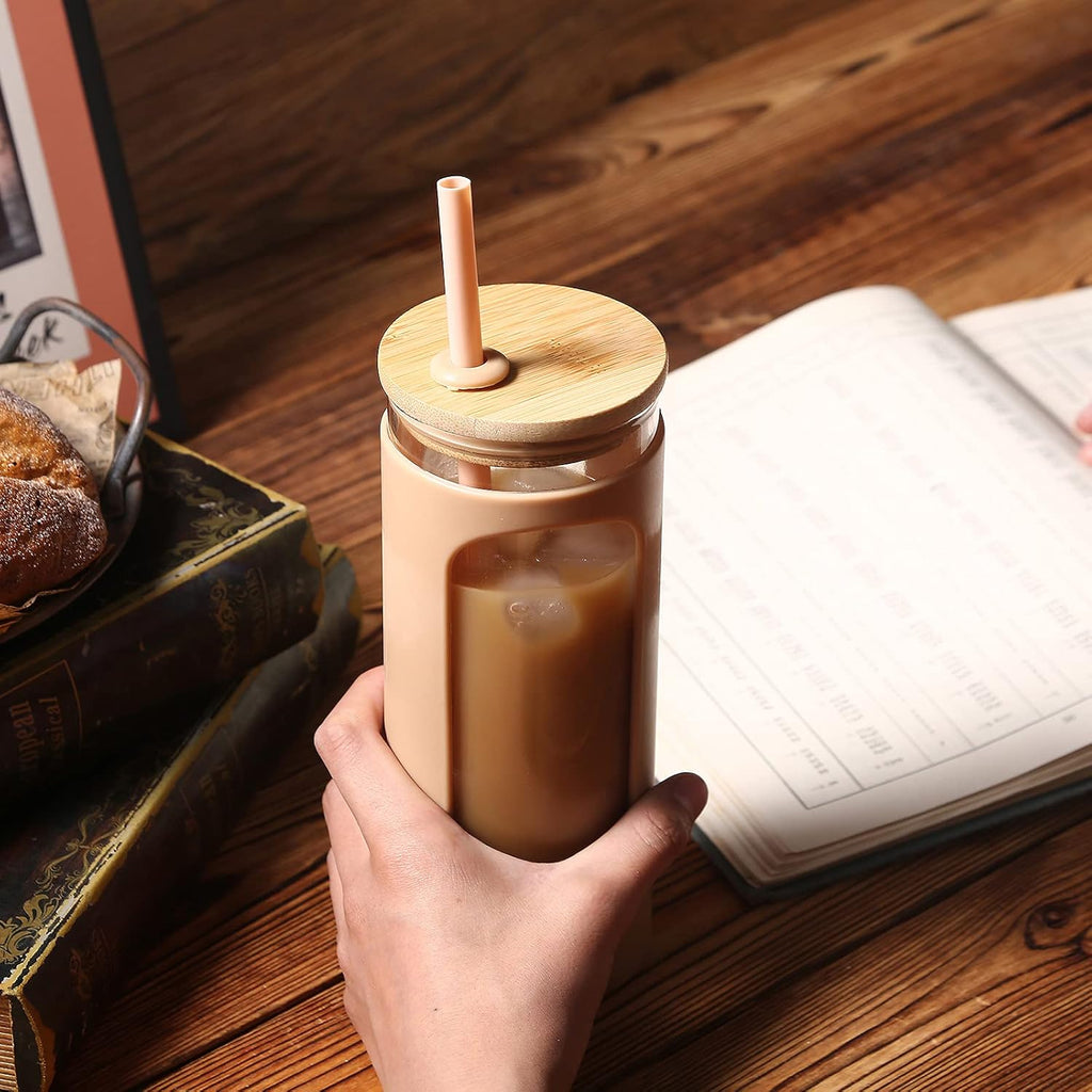 Kodrine 20oz Glass Water Tumbler with Straw and Lid, Bamboo Lids Water Bottle, Iced Coffee Cup Reusable, Wide Mouth Smoothie Cups with Protective Silicone Sleeve BPA FREE-Purple