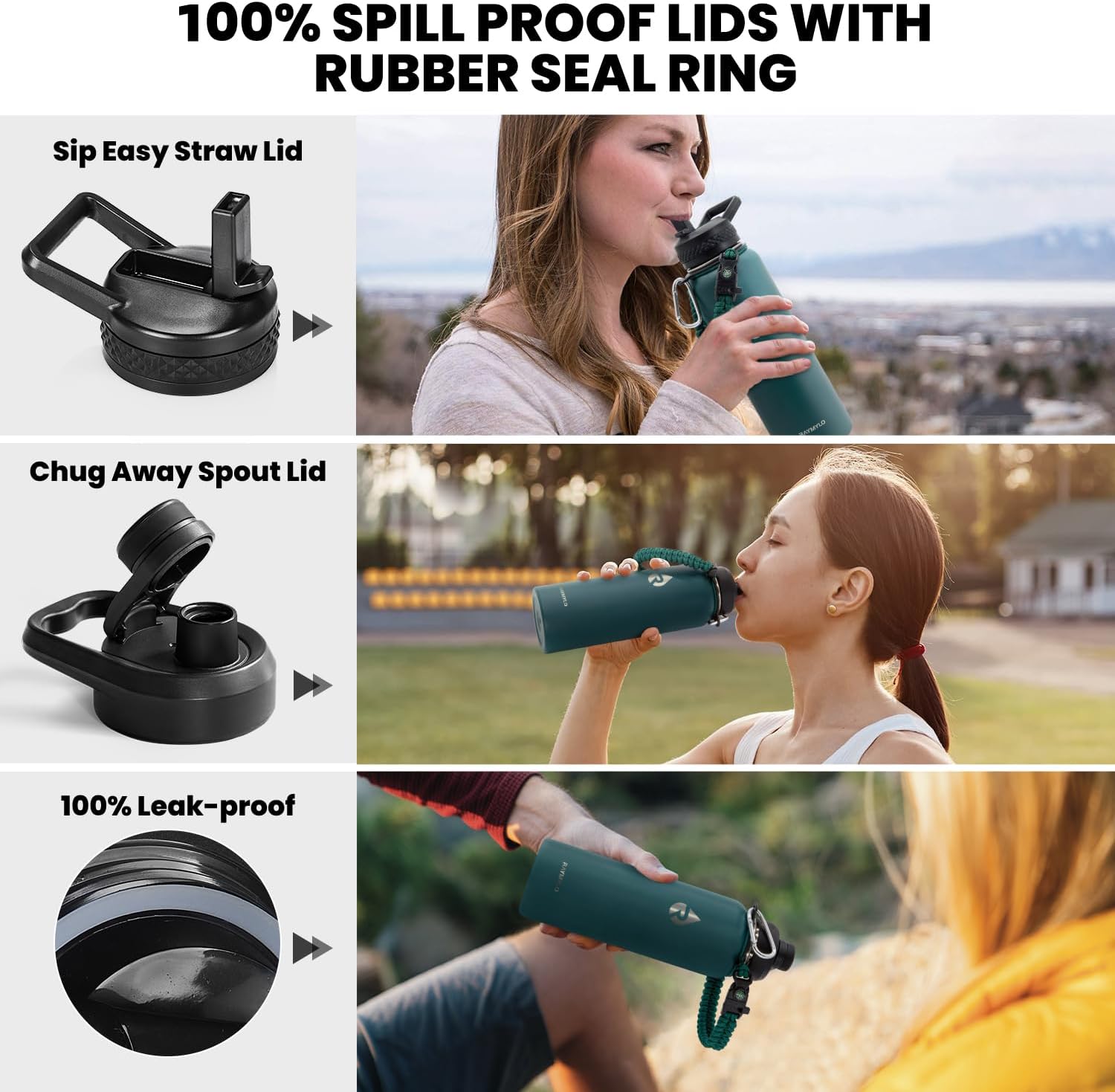 Insulated Water Bottle 40 oz, Triple Wall Vacuum Stainless Steel (Cold for 48 Hrs), Leak Proof & Non-BPA, Modern Water Flask Jug with Paracord Handle & Straw Spout Lids, Dark Green