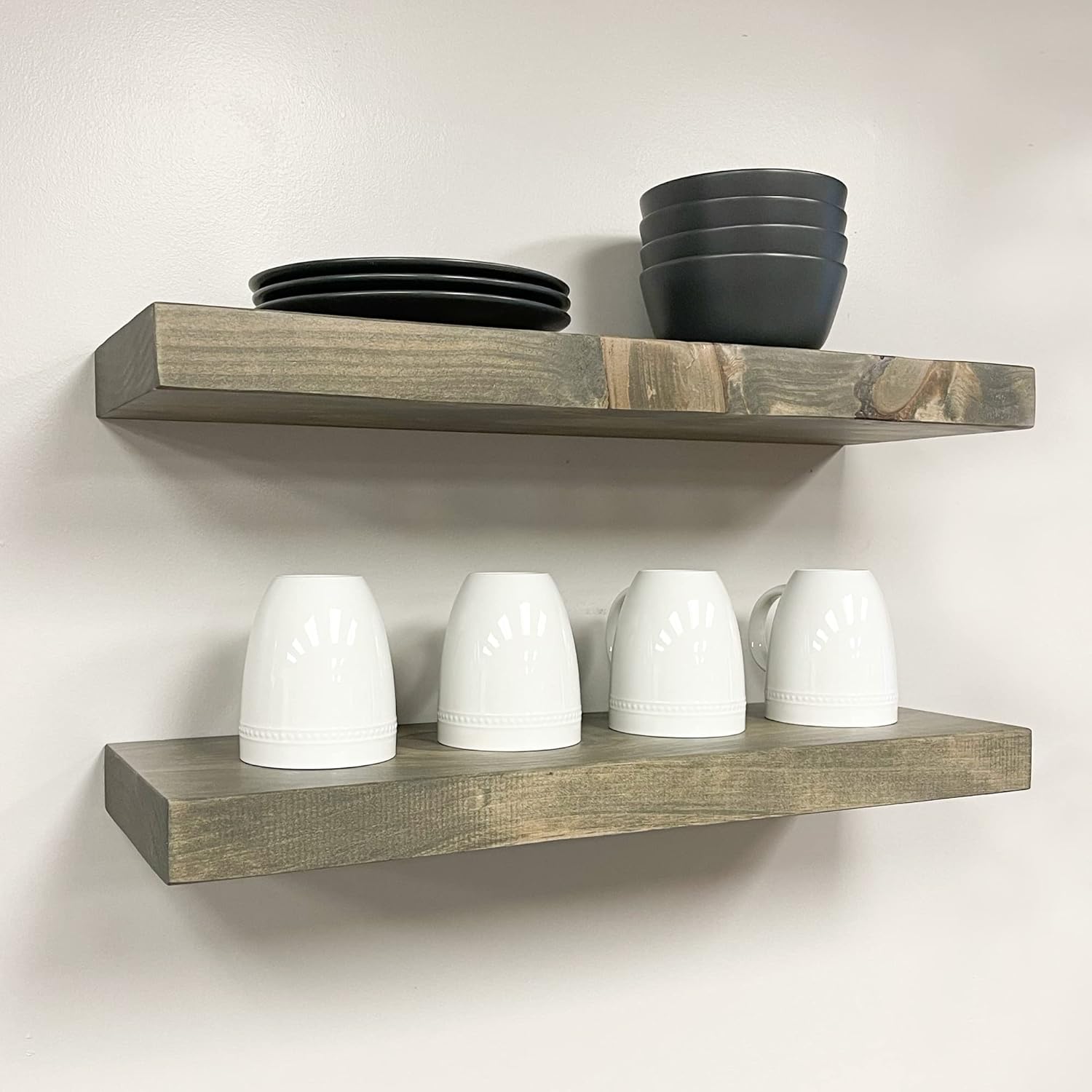 URBANDI, Rustic Floating Shelves, Set of 2, Hidden Bracket, Solid Wood, Heavy Duty, Wall Mounted Shelves, (Grey, 12Wx12D)