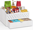 Farmhouse Wooden Coffee Bar Organizer - Countertop Station With Drawer, Pods Holder & Storage Basket