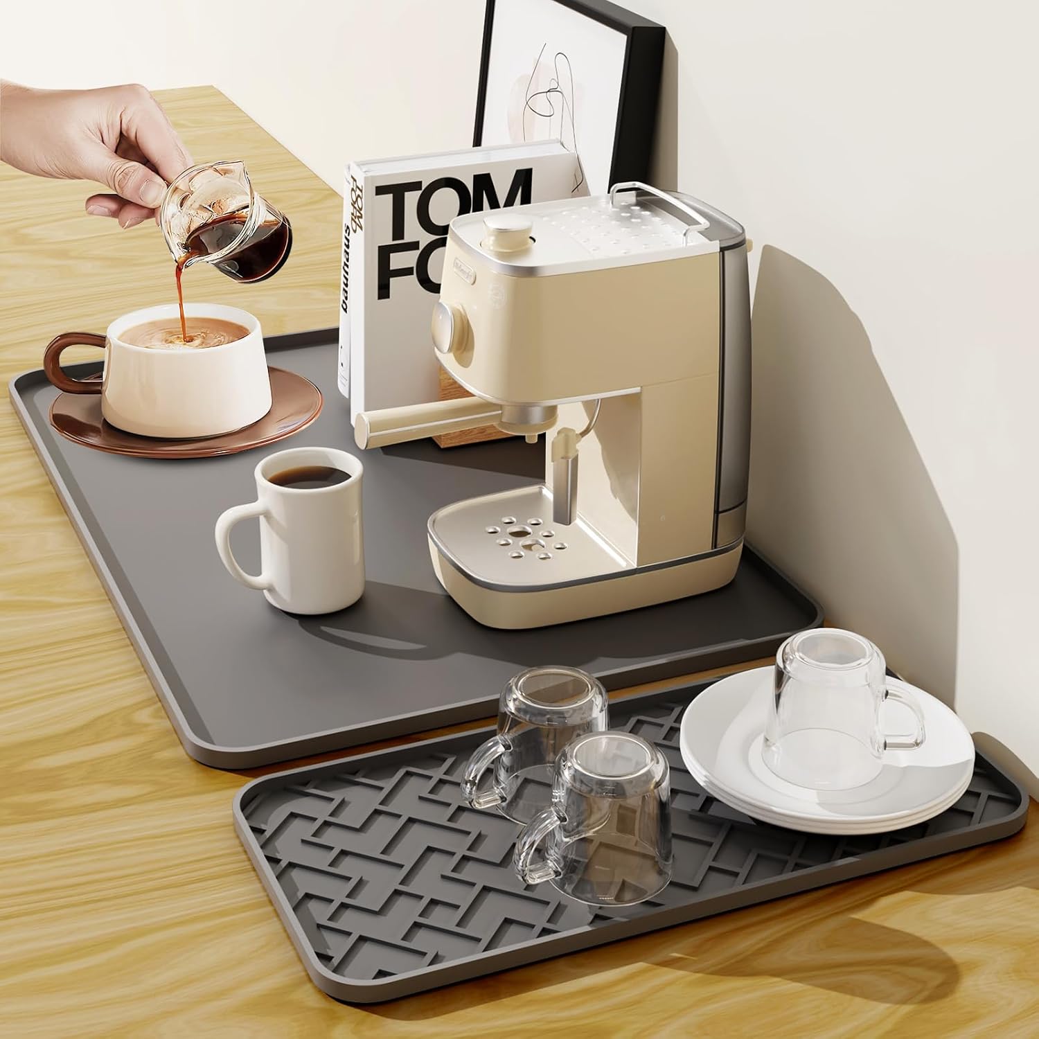 Silicone Coffee Mat - Removable Bar Mat with Concave and Convex Design, Leak-Proof and Non-Slip, Suitable for Use Under the Coffee Machine to Keep the Countertop Clean (Grey19"x12")