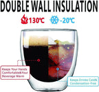 8oz Glass Coffee Mugs Set of 2, Double Walled Espresso Cups for Latte Cappuccino Cocoa Milk Cafe Juice, Clear Glass Tea Cup Set Glassware Gift for Christmas Birthday