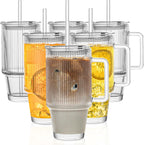 KEMORELA 6-Pack 24oz Glass Cups with Lids and Straws, Ribbed Textured Tumblers with Handle, Reusable Clear Drinking Glasses for Iced Coffee, Bubble Tea, Dishwasher Safe, Drinkware Set
