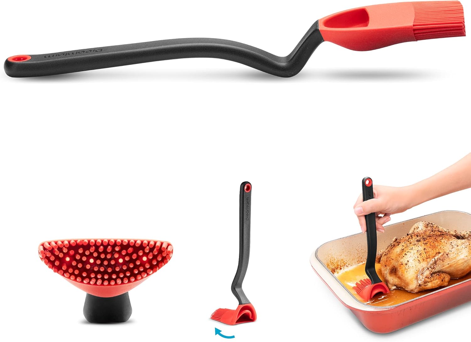Dreamfarm Brizzle 3-In-1 Flexible Silicone Sit-Up Basting, Drizzle, Scooping Brush with In-Built Sauce Resevoir - Red